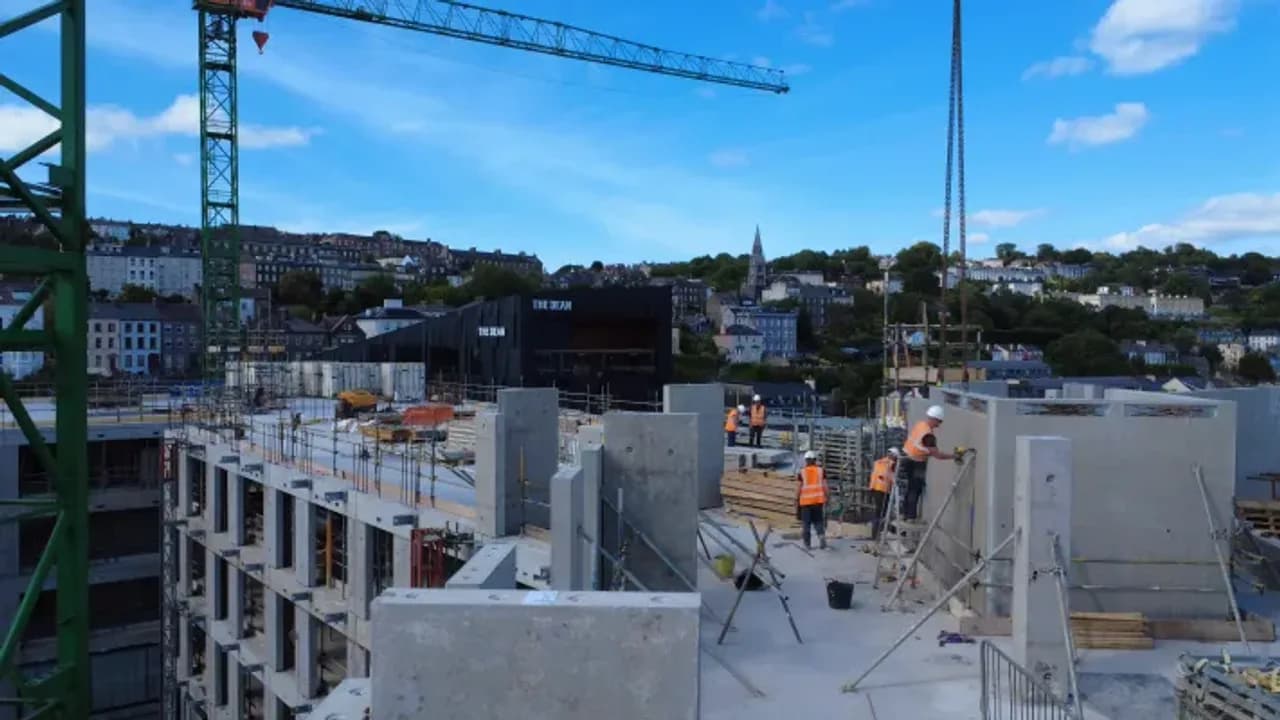 Panels being erected on site: the frame arrives as finished components and goes up in the order it was drawn.